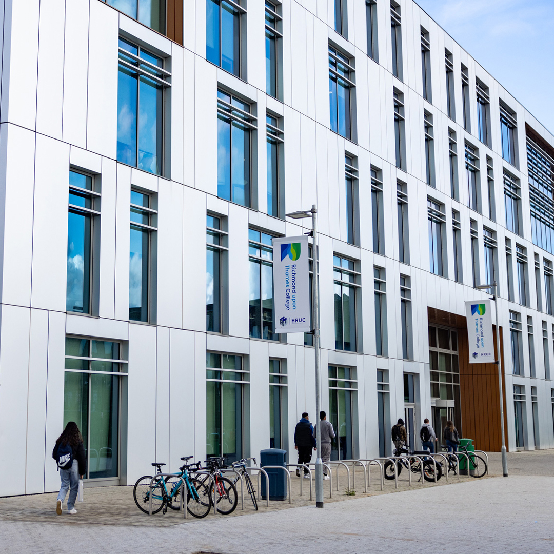 Richmond college building with students on campus