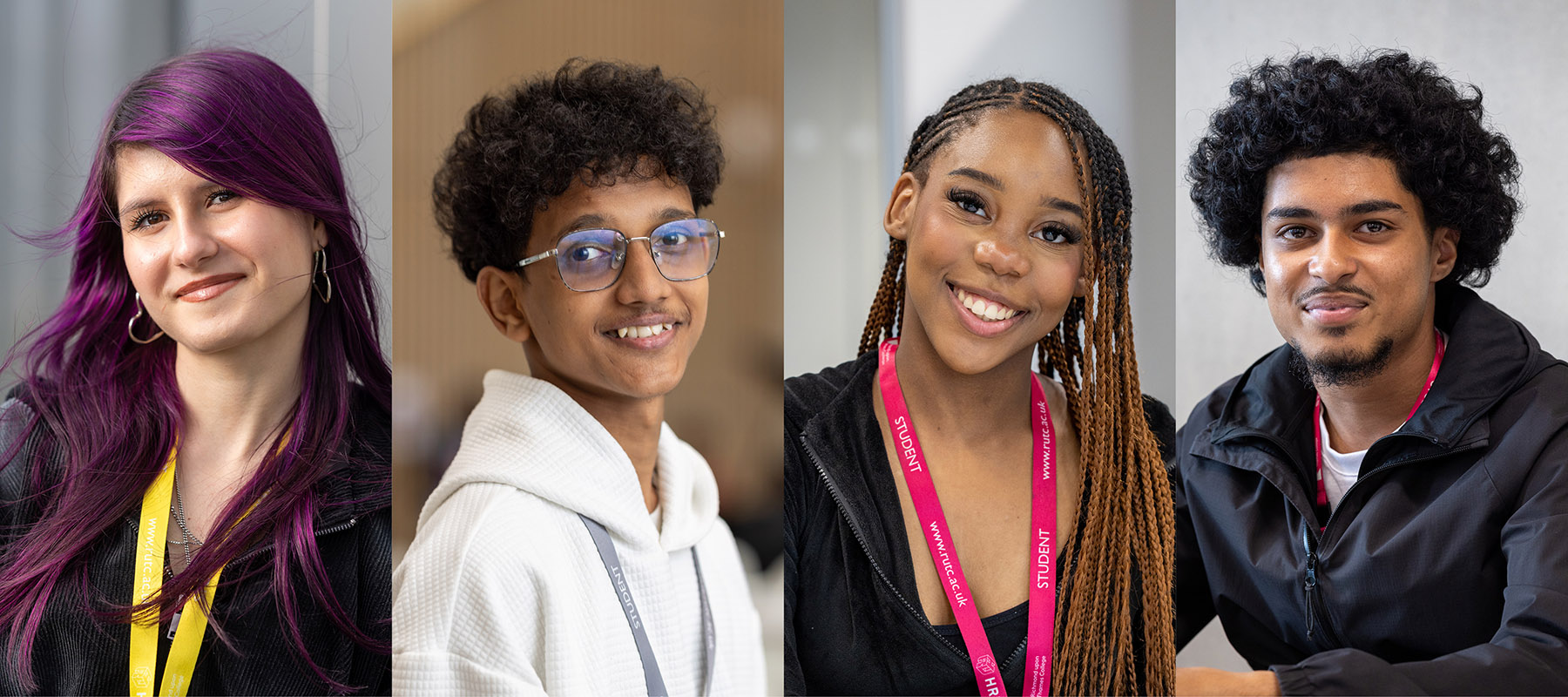 Four Richmond upon Thames College students. A girl with purple hair, a boy with glasses and wearing a white hoodie, a girl with braids and a pink lanyard, a boy with long bushy hair and a goatee wearing a black jacket. 