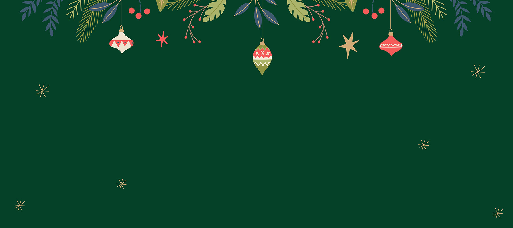 Season's Greetings banner with green background, green and blue leaves, red berries and Christmas decorations.