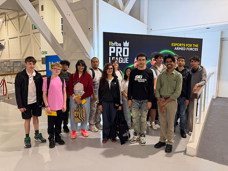 Esports students pictured as a group with staff at the BFBS Pro League Grand Final at the Royal Air Force Museum