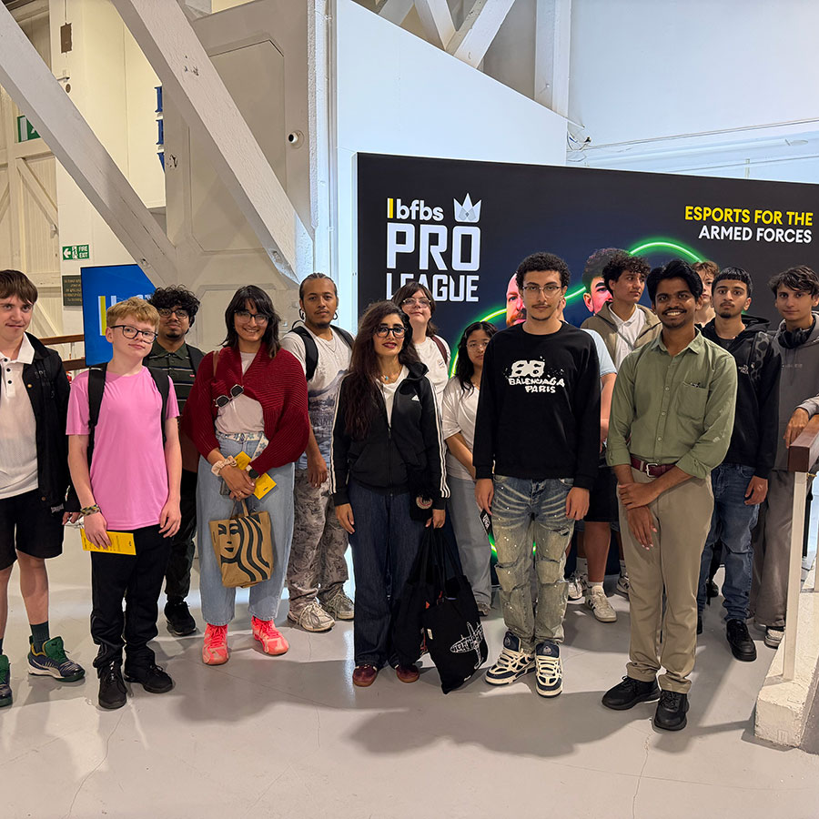 Esports students pictured as a group with staff at the BFBS Pro League Grand Final at the Royal Air Force Museum