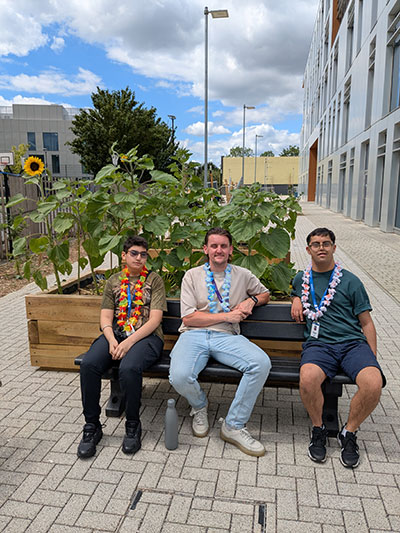 2 male students sitting on either side of a male teacher, on a bench in front of the sunflowers they have grown, with Richmond upon Thames College in the background