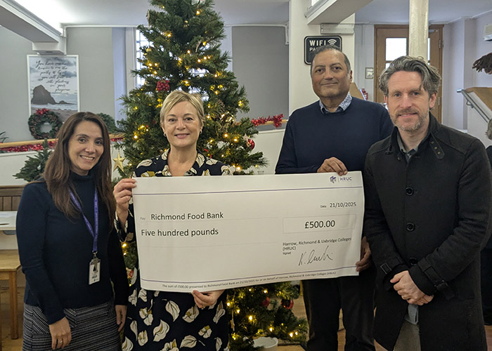 HRUC governors, Sue Kingman and Sujit Reddy, along with Sandra Ospina Zapata (Wellbeing and Inclusion Officer) presented a ceremonial cheque signed by HRUC CEO, Keith Smith, to David Logan, CEO of Richmond Food Bank.