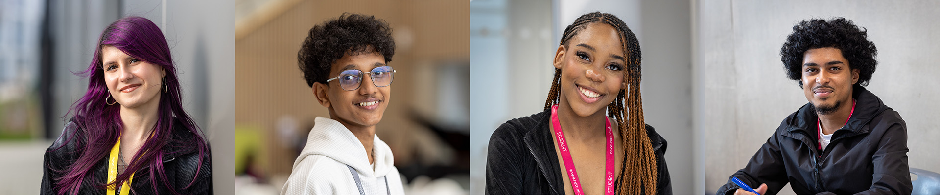 Four Richmond upon Thames College students. A girl with purple hair, a boy with glasses and wearing a white hoodie, a girl with braids and a pink lanyard, a boy with long bushy hair and a goatee wearing a black jacket. 