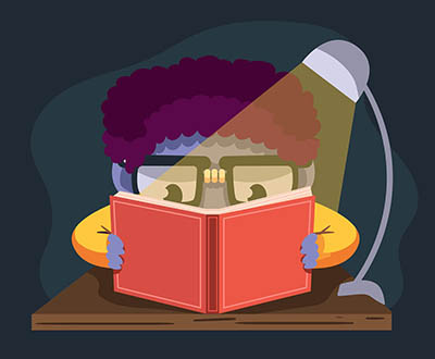 Cartoon image of a child with glasses reading a book by lamp light with only their glasses and hair seen over the top of the book