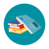 icon with a piple of books, one open on the top, on a teal circular background