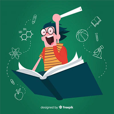 A graphic of a student with glasses and a yellow striped t-shirt riding a large book with a diploma in hand