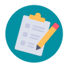 icon with clipboard, list and pencil on a teal circular background