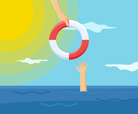 A hand reaching out of the ocean to grab a lifesaver with the sun and clouds in the background