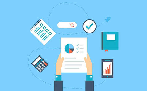 Image of a report surrounded by a note pad, calculator, tick icon, search icon