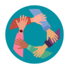 icon with five hands holding each other for support in a circle formation on a teal circular background